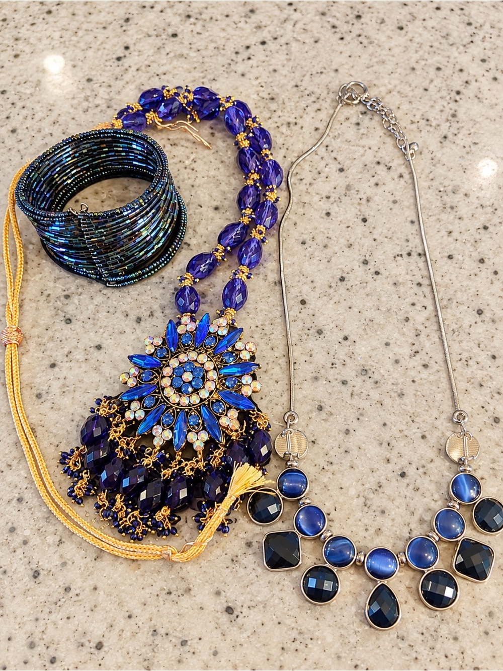 3 Pc Blue Purple Statement Jewelry Lot Necklaces & Beaded Cuff Bracelet